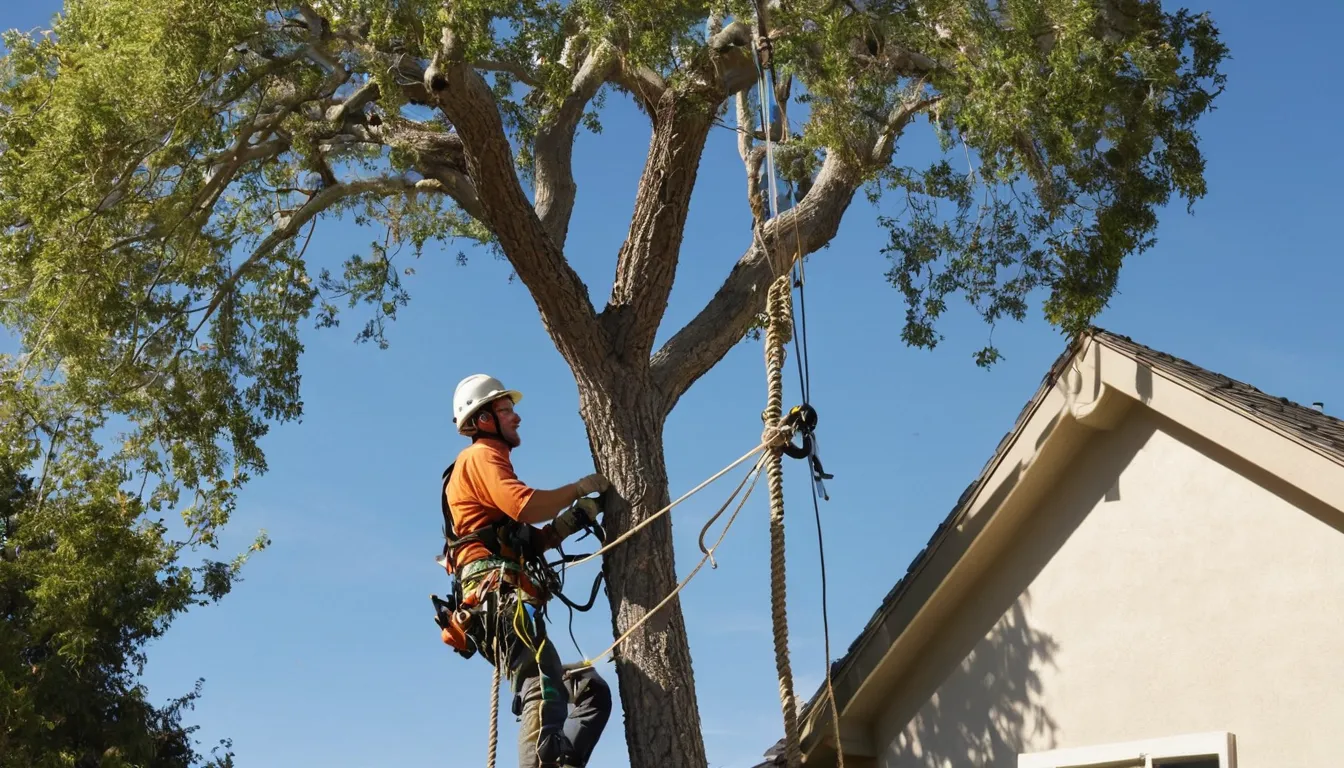 A provider safely taking down a large tree behind a stucco home in Los Gatos